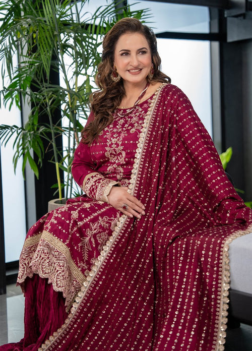 Afrozeh Custom Tailored 3 Piece Korean Raw Silk | TSG - 07 Merlot - There She Glows - Festive Collection - Gulemaha